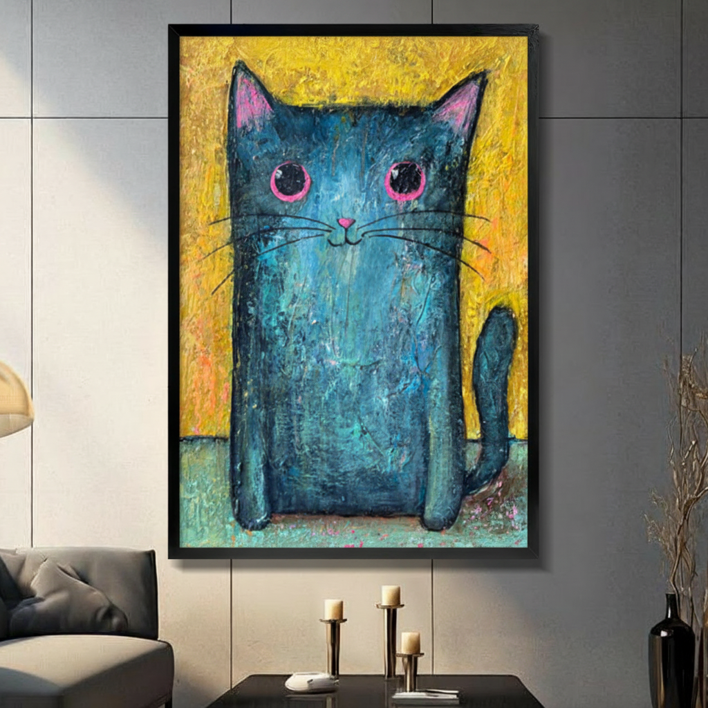 Whimsical Blue Cat Pink Eyes Oil Painting Canvas