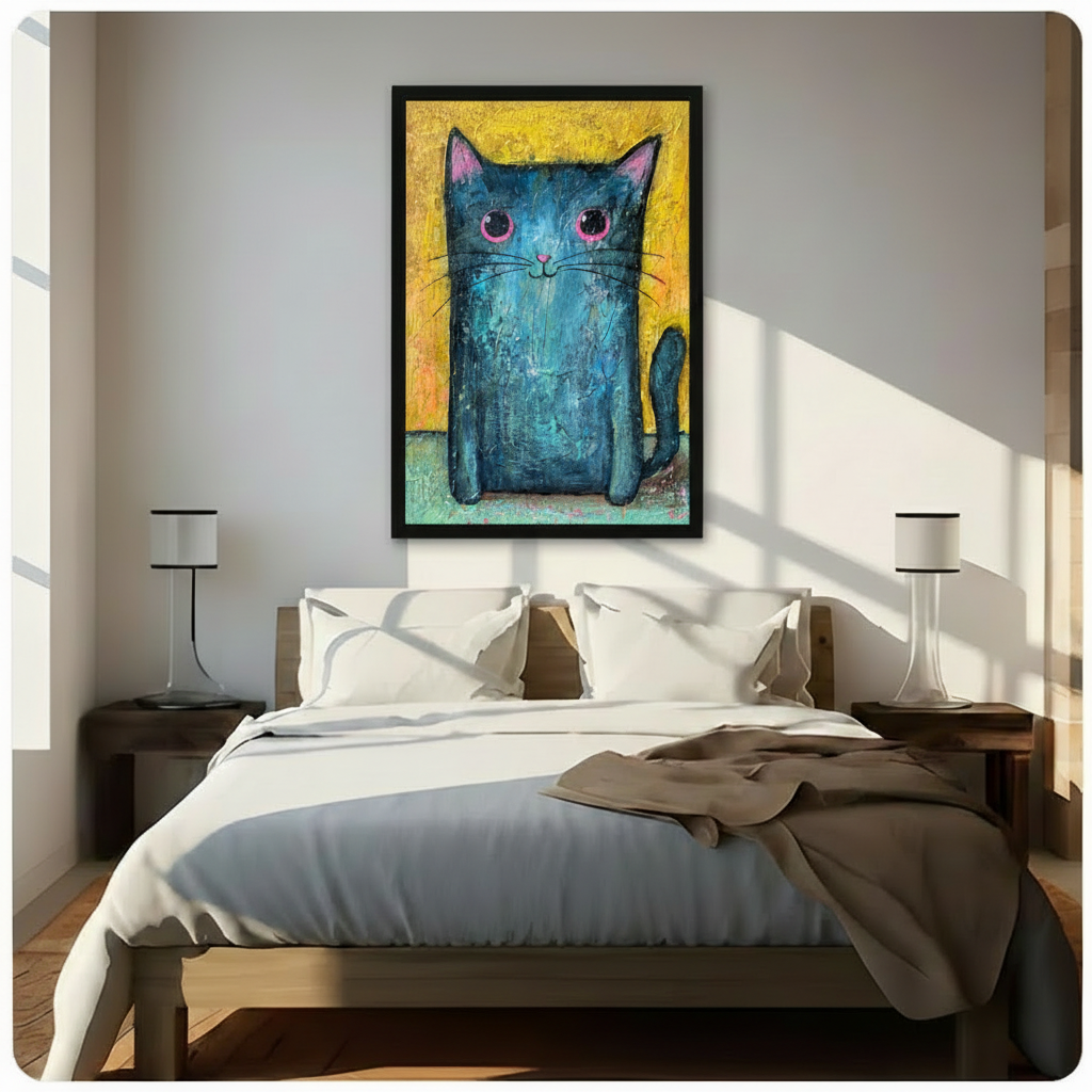 Whimsical Blue Cat Pink Eyes Oil Painting Canvas