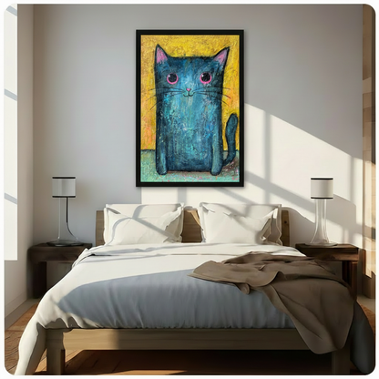 Whimsical Blue Cat Pink Eyes Oil Painting Canvas