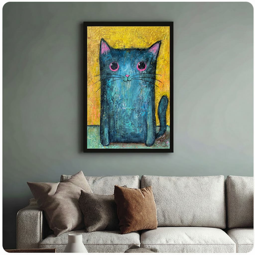 Whimsical Blue Cat Pink Eyes Oil Painting Canvas