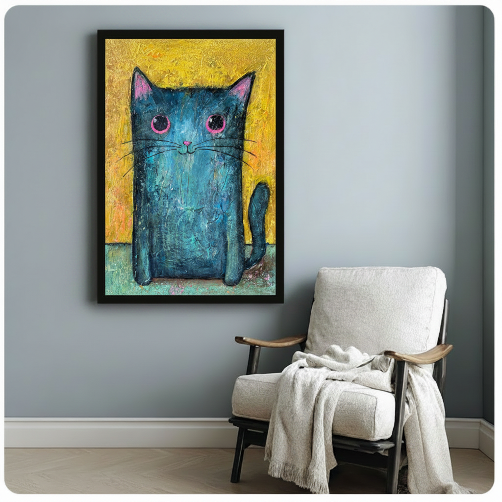 Whimsical Blue Cat Pink Eyes Oil Painting Canvas