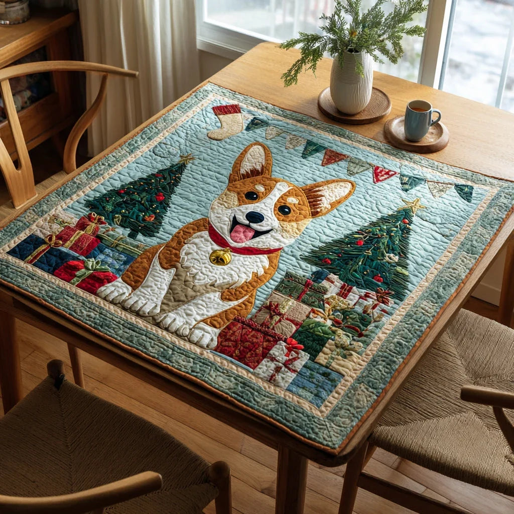 Blue Corgi Blizzard Quilted Table Topper