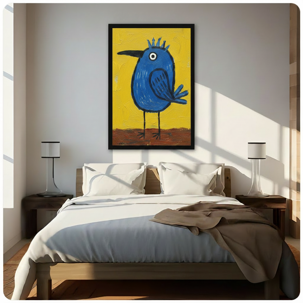 Blue Crown Bird Folk Art Canvas Wall Art
