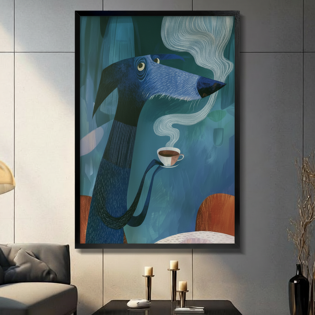 Surreal Blue Dog Coffee Cup Illustration Wall Art