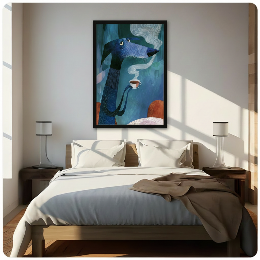 Surreal Blue Dog Coffee Cup Illustration Wall Art