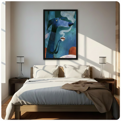 Surreal Blue Dog Coffee Cup Illustration Wall Art