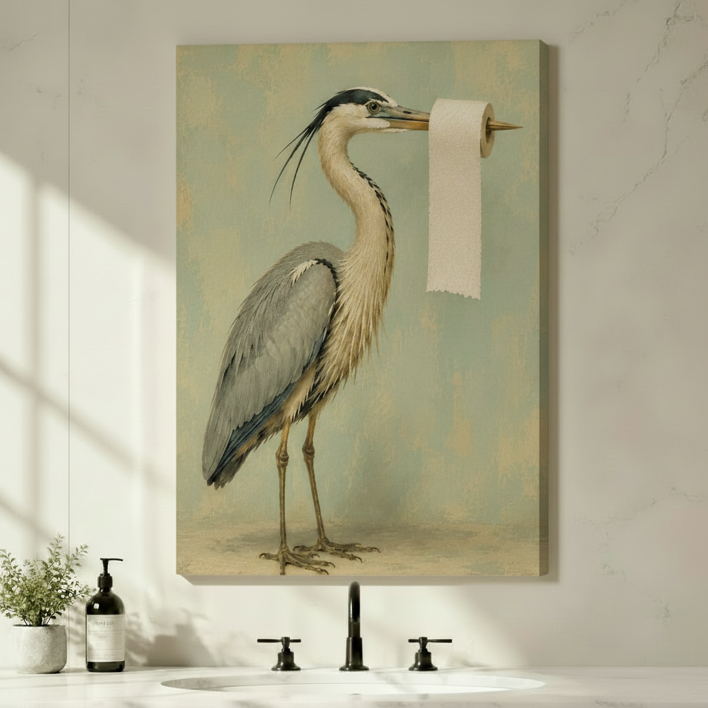 Vintage Heron Toilet Paper Bathroom Canvas Art