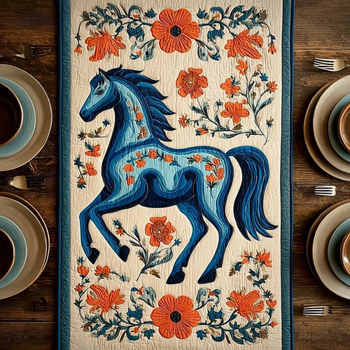 Blue Horse Blossom Quilted Table Runner