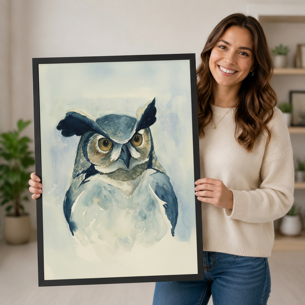 Watercolor Owl Framed Canvas Wall Art