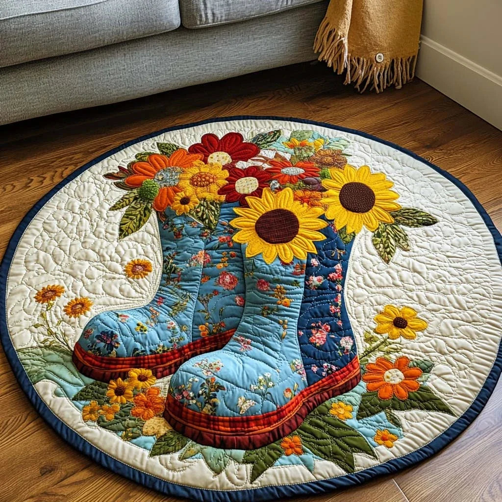 Blue Sunflower Boots Quilted Round Mat