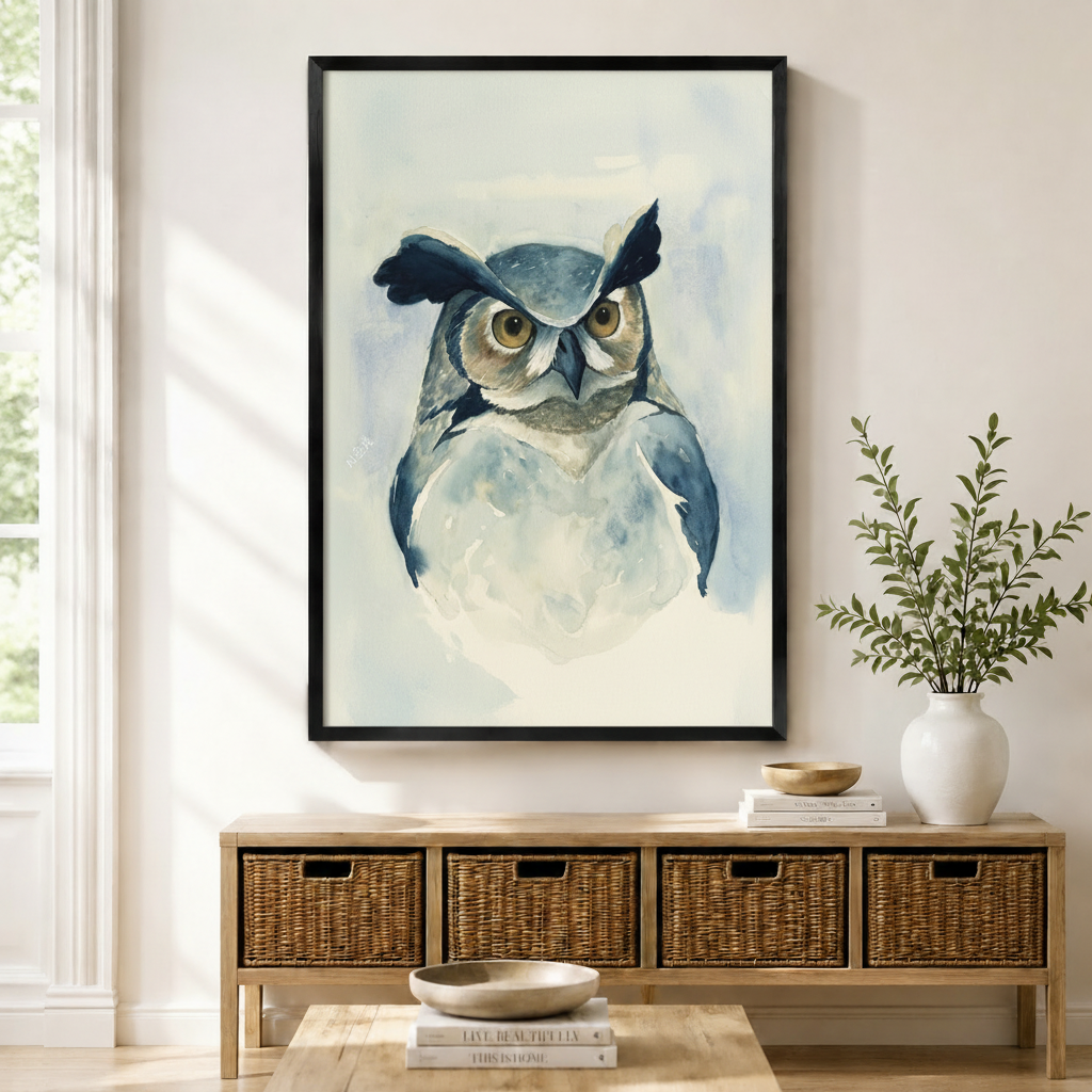 Watercolor Owl Framed Canvas Wall Art