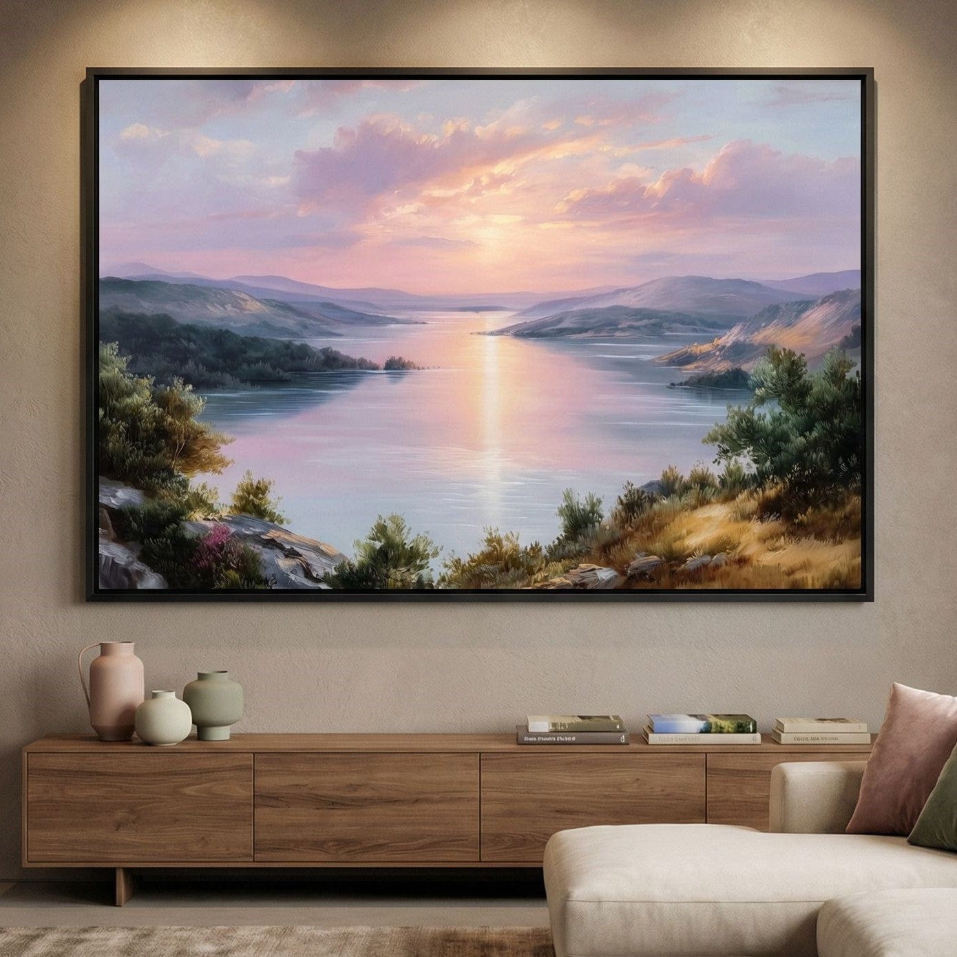 Pastel Sunrise Over Lake Fjord Canvas Wall Art