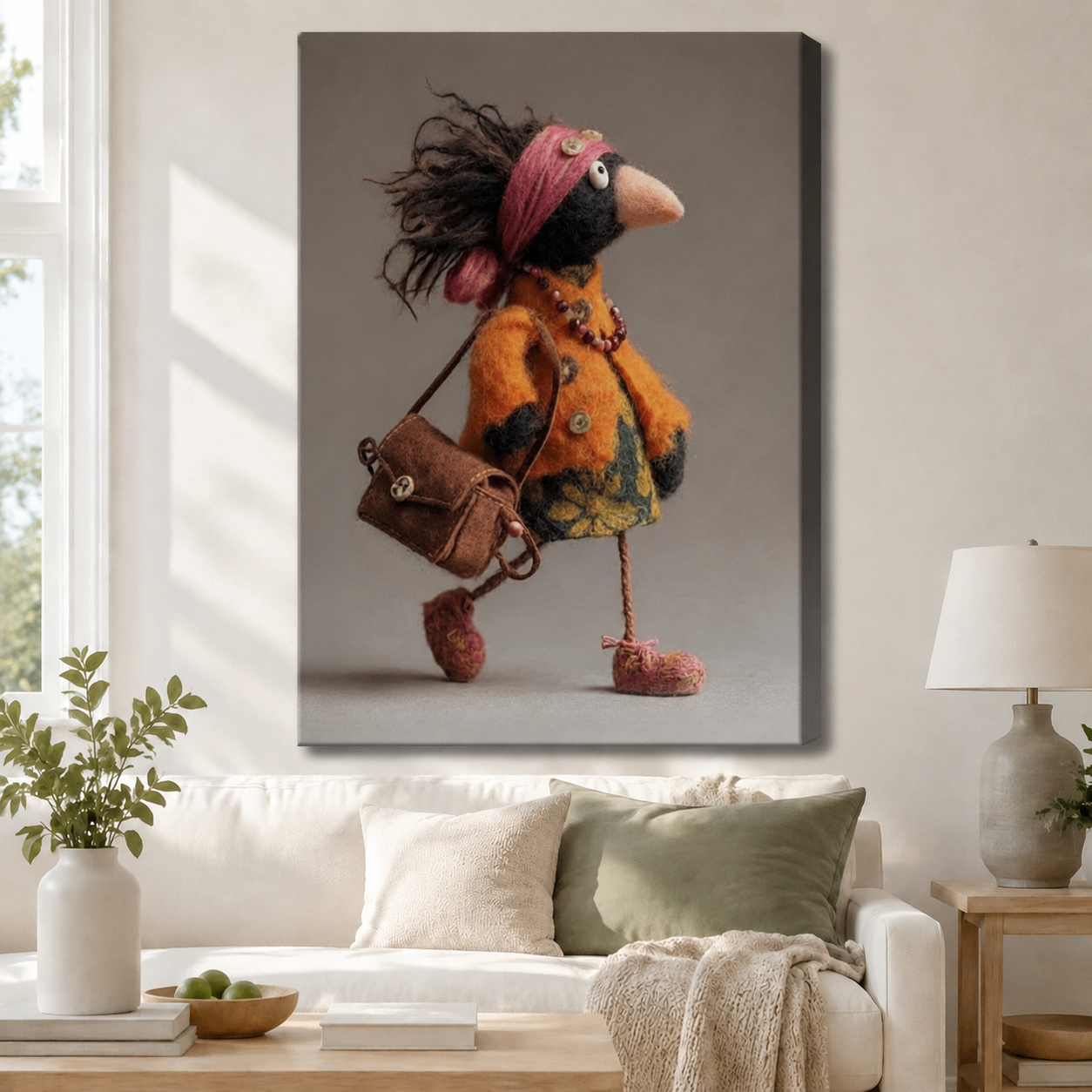Boho Bird Lady Felt Canvas Wall Art