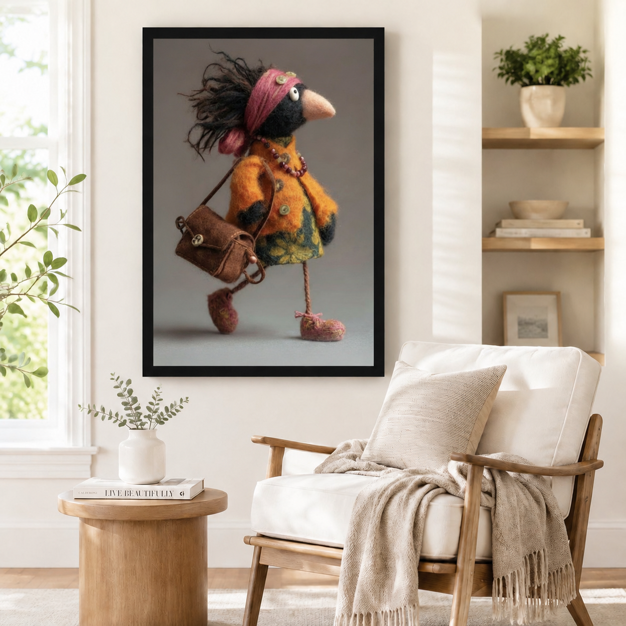 Boho Bird Lady Felt Canvas Wall Art