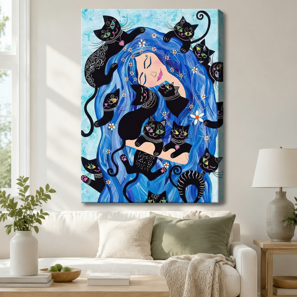 Boho Cat Goddess Blue Hair Canvas Wall Art