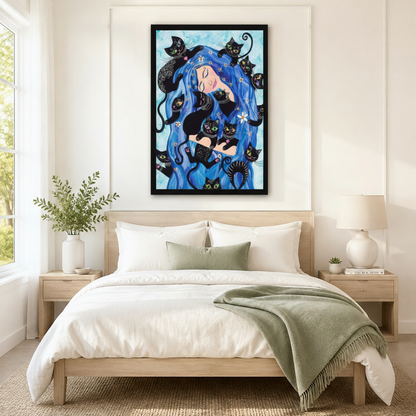 Boho Cat Goddess Blue Hair Canvas Wall Art