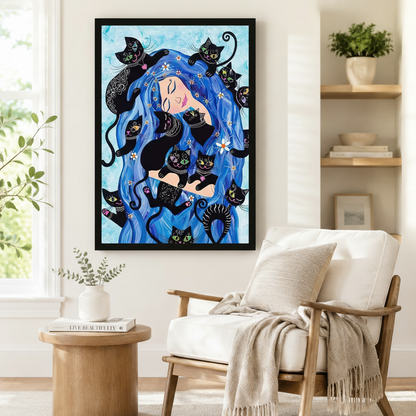 Boho Cat Goddess Blue Hair Canvas Wall Art
