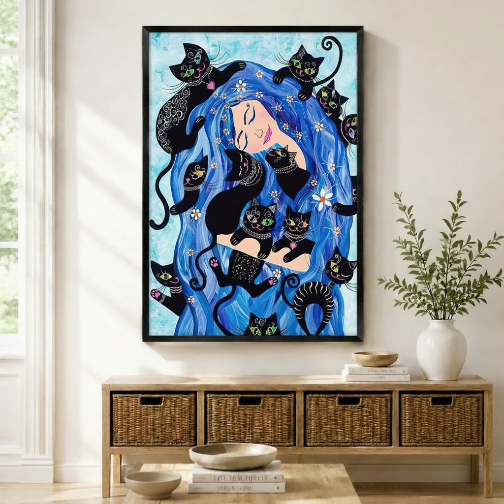 Boho Cat Goddess Blue Hair Canvas Wall Art