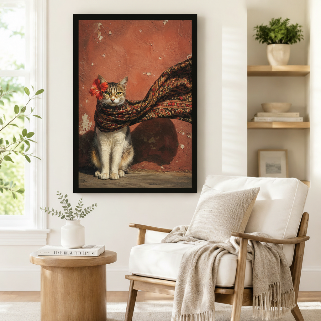 Bohemian Cat Portrait Vintage Canvas Wall Art