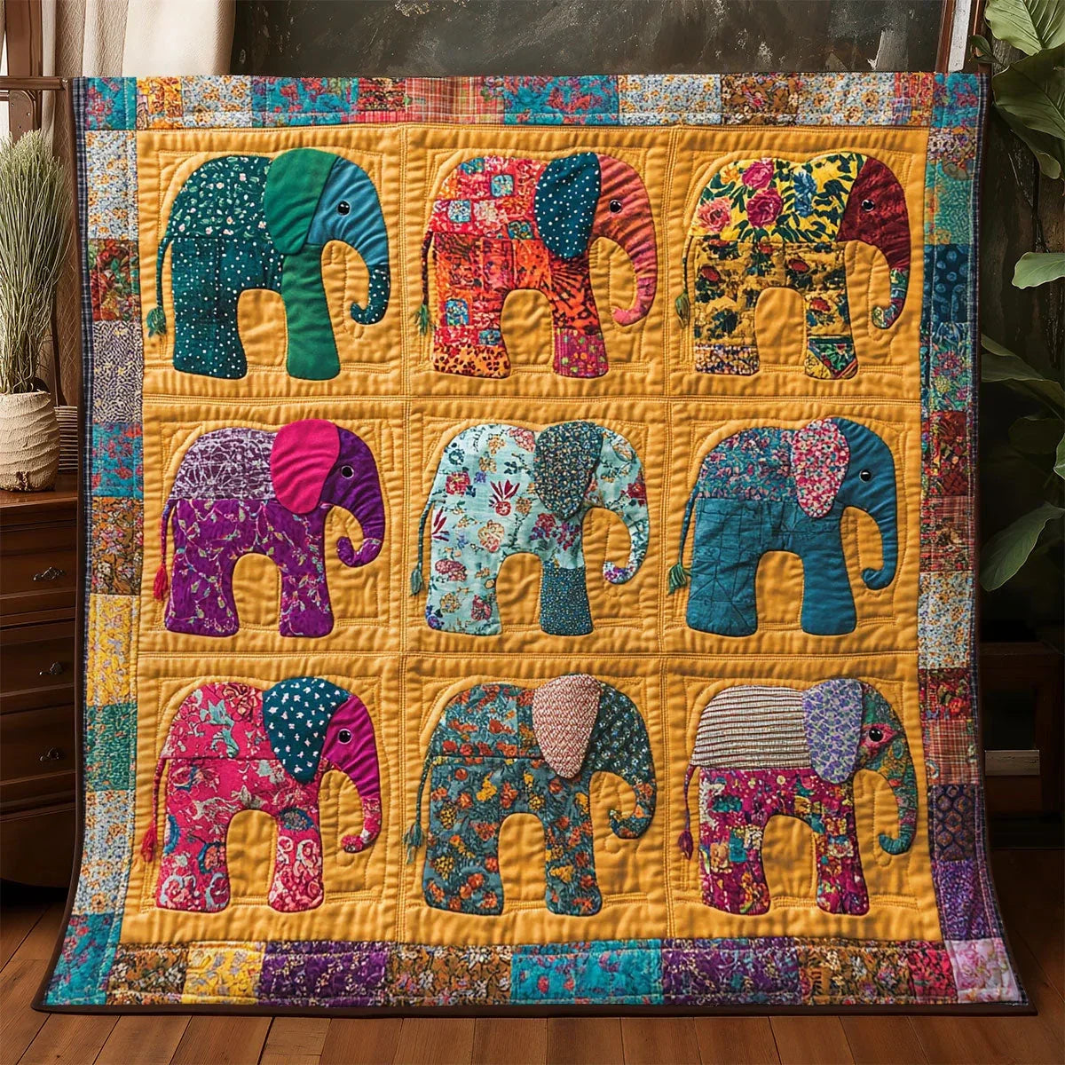 Boho Elephant Patchwork Quilt Blanket