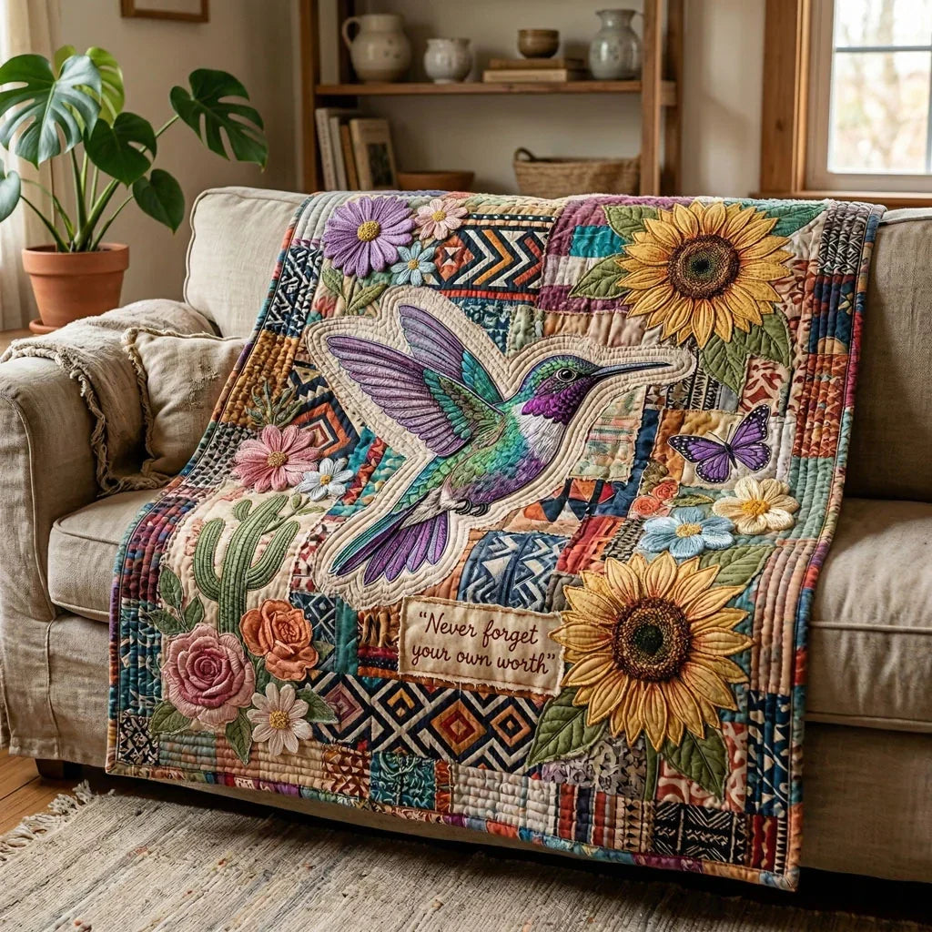 Boho Hummingbird Blossom Quilt Blanket