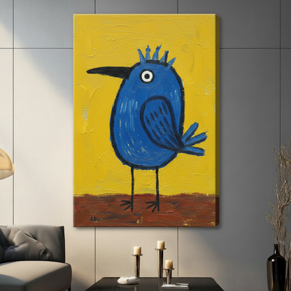 Blue Crown Bird Folk Art Canvas Wall Art