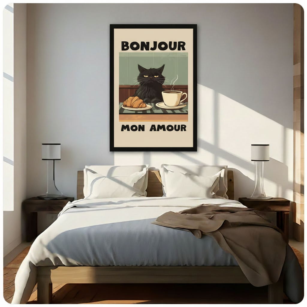 Retro French Cat Café Framed Canvas Art Wall Art