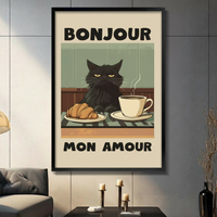 Retro French Cat Café Framed Canvas Art Wall Art