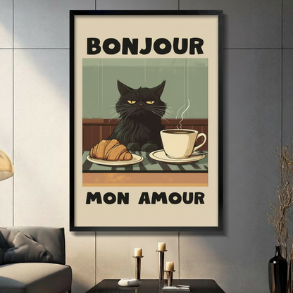 Retro French Cat Café Framed Canvas Art Wall Art