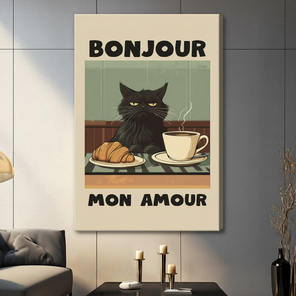 Retro French Cat Café Framed Canvas Art Wall Art
