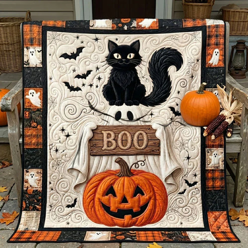 Boo Black Cat Ghost Pumpkin Quilt Blanket
