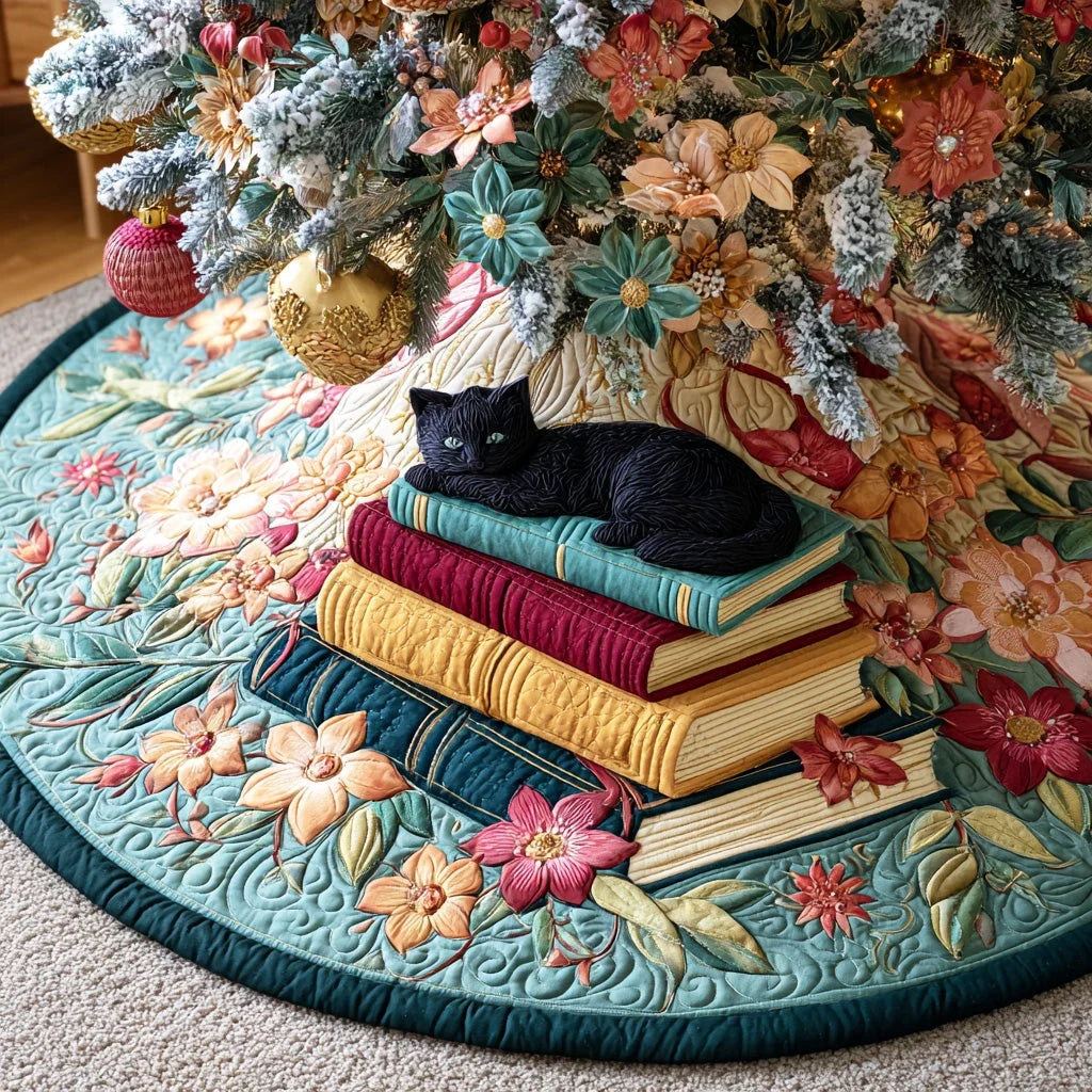 Bookish Feline Tales Christmas Quilted Tree Skirt