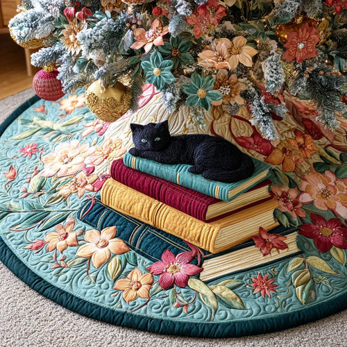 Bookish Feline Tales Christmas Quilted Tree Skirt