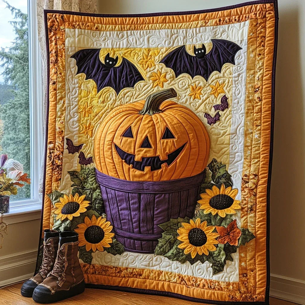 Pumpkin And Bats Quilt Blanket
