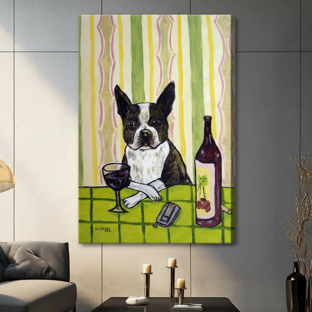 Boston Terrier Red Wine Pop Art Canvas Print Wall Art