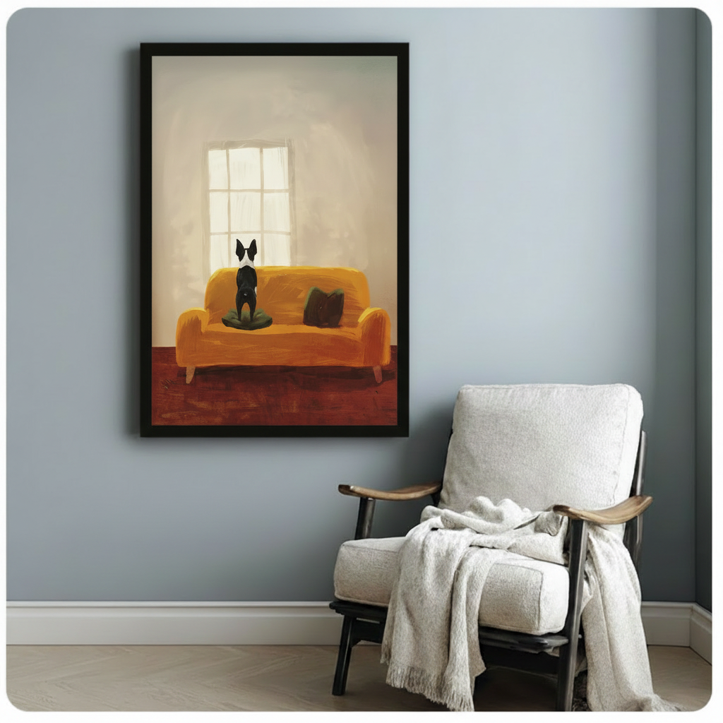 Boston Terrier Sofa Window Oil Canvas Wall Art