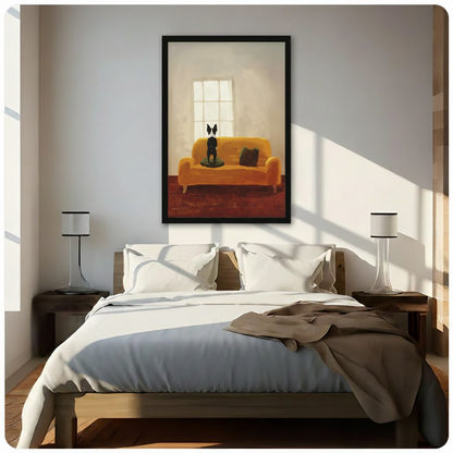 Boston Terrier Sofa Window Oil Canvas Wall Art