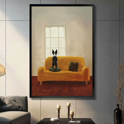 Boston Terrier Sofa Window Oil Canvas Wall Art