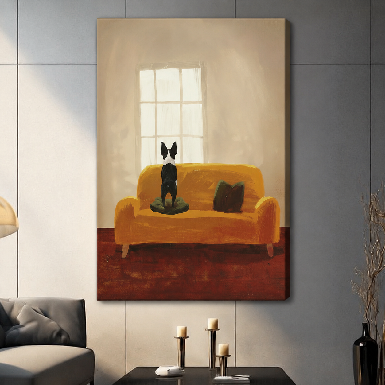 Boston Terrier Sofa Window Oil Canvas Wall Art