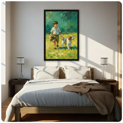 Boy & Dog Vintage Oil Painting Canvas Art Wall Art