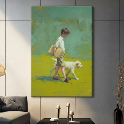 Boy & Dog Vintage Oil Painting Canvas Art Wall Art