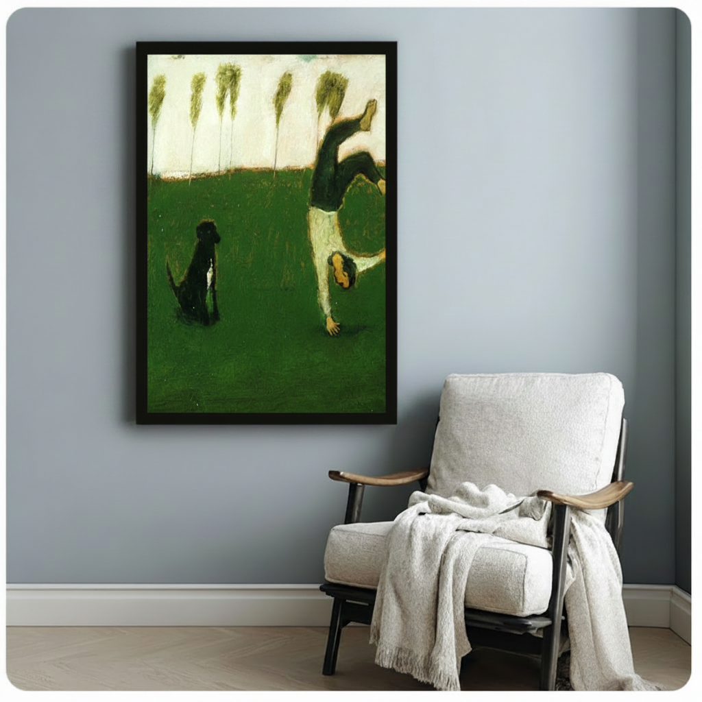 Handstand & Dog Playful Oil Canvas Art Wall Art