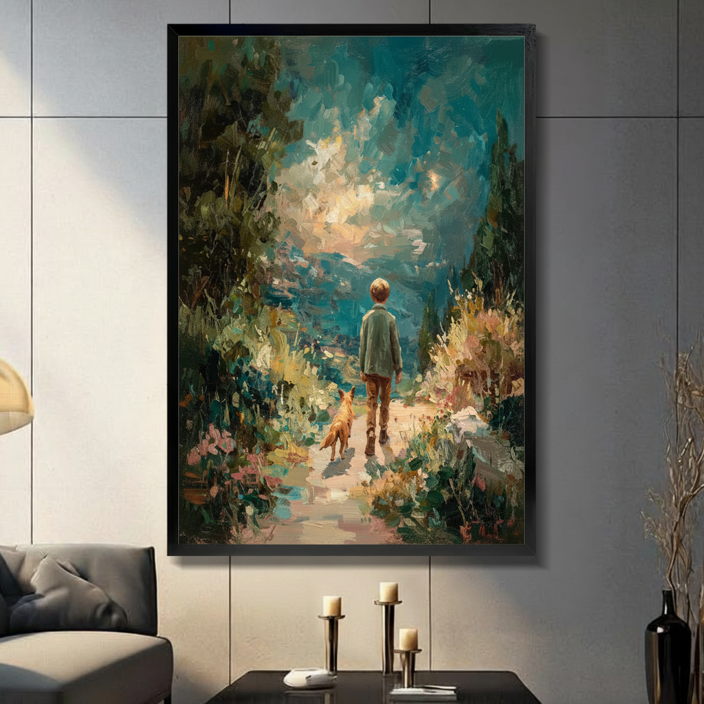 Impressionist Boy and Dog Garden Canvas Art Wall Art