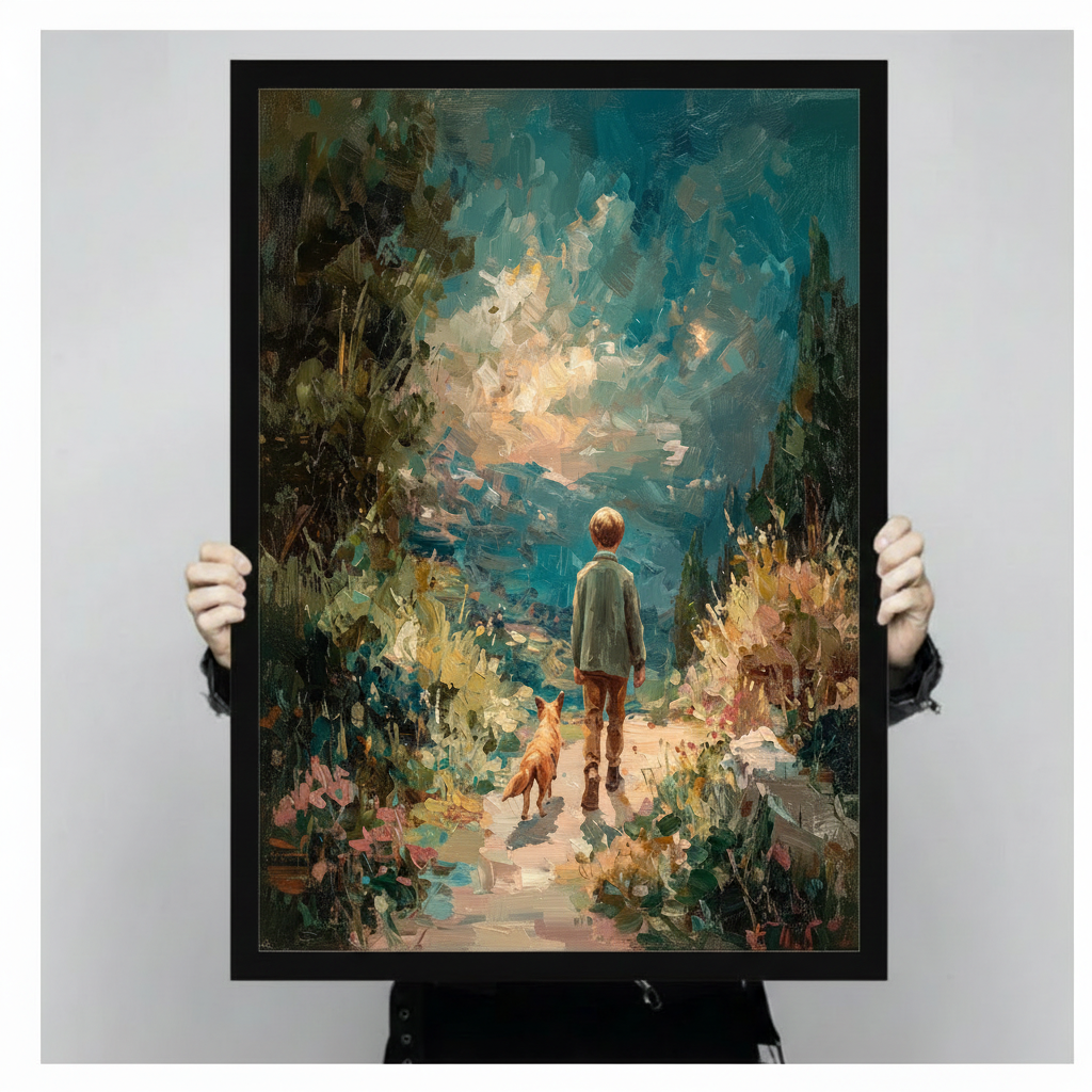 Impressionist Boy and Dog Garden Canvas Art Wall Art