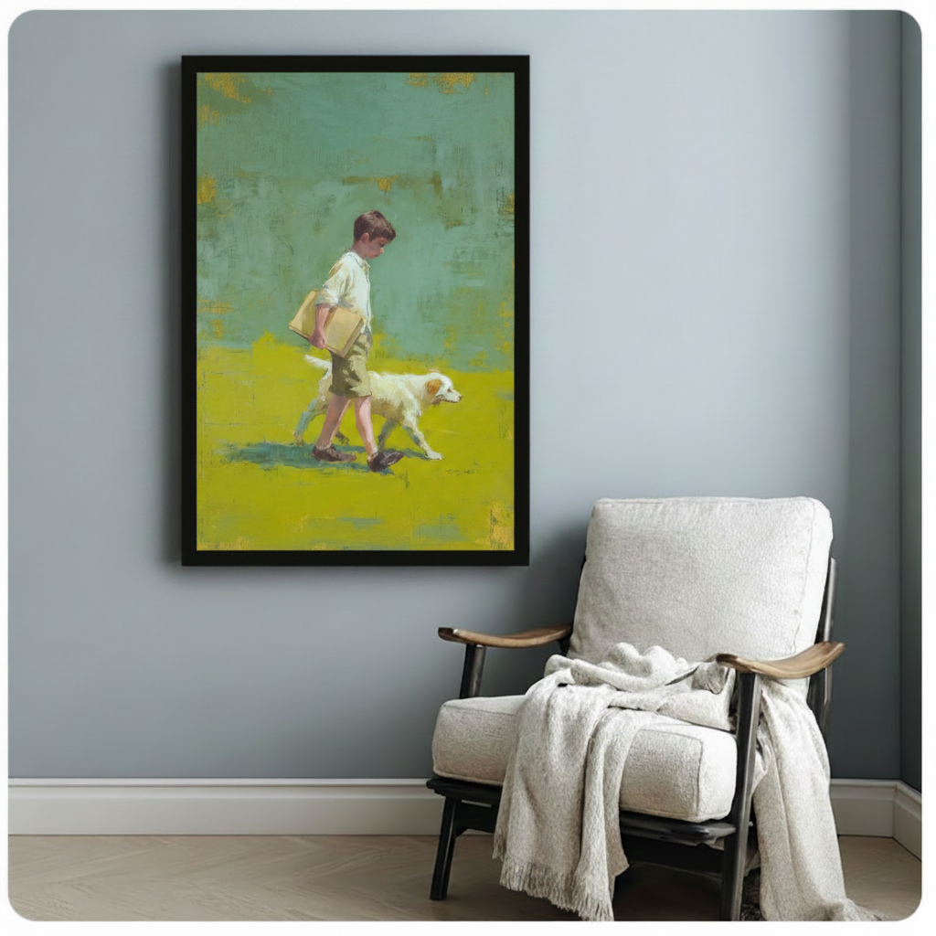 Boy & Dog Vintage Oil Painting Canvas Art Wall Art