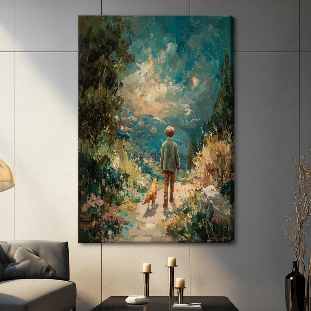 Impressionist Boy and Dog Garden Canvas Art Wall Art