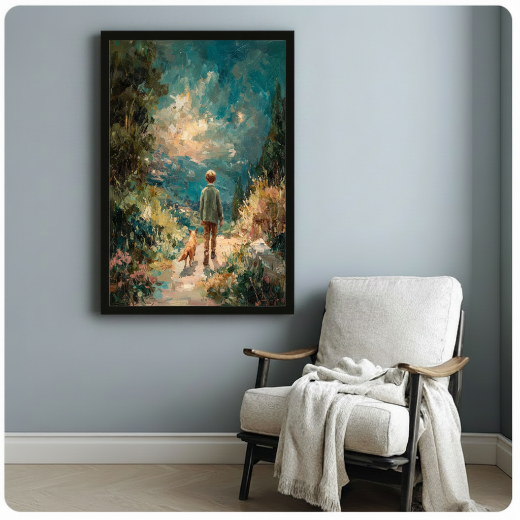 Impressionist Boy and Dog Garden Canvas Art Wall Art