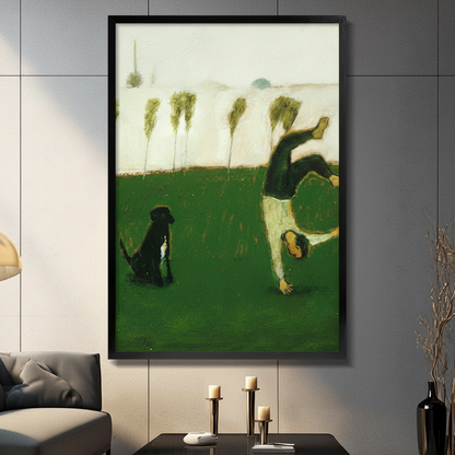 Handstand & Dog Playful Oil Canvas Art Wall Art