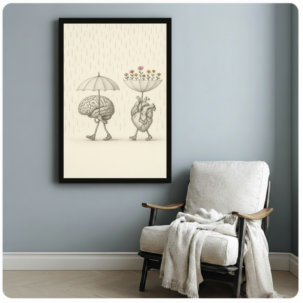 Brain Heart Rain Flowers Whimsical Canvas Wall Art
