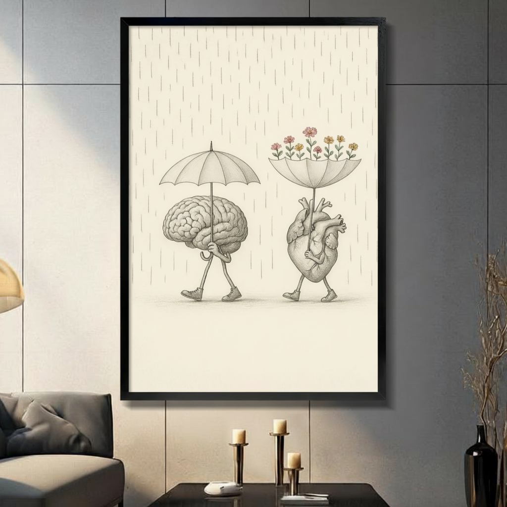 Brain Heart Rain Flowers Whimsical Canvas Wall Art